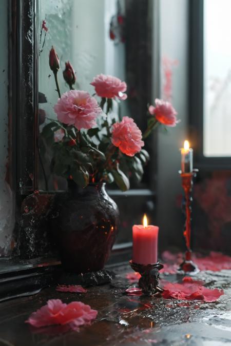 <(A fluffy silky octane render in the style of Timothy Thirst; It depicts a room filled with black candles and pink roses, the candles all melted halfway with the pink roses radiating a soft glow from within, creating an ethereal and dreamlike atmosphere):1.0>,
<(The colors and textures are rich and deep, perfect for any high-end art poster or print):0.9>
 <lora:add-detail-xl:1>,
 <lora:MJ52:1>