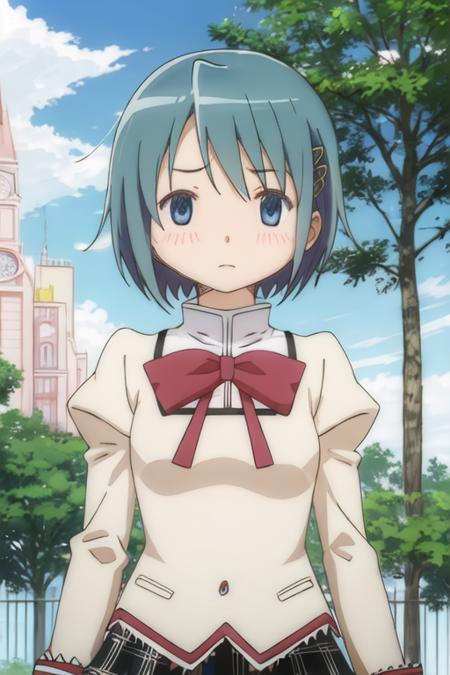 best quality, masterpiece, highres, solo, {miki_sayaka_puellamagimadokamagica:1.15}, short_hair, blue_hair, blue_eyes, hair_ornament, bow, hairclip, parody, 1girl, day, mitakihara_school_uniform, school_uniform, sky, tree, blush, cloud