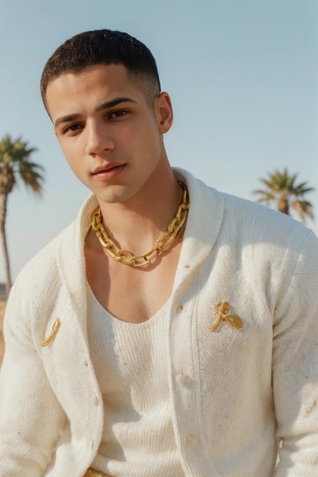 portrait photo of man jordan_torres wearing a white sweater and gold chain, looking at viewer, <lora:Jordan_Torres-10:0.8>, foilage, natural light, golden hour