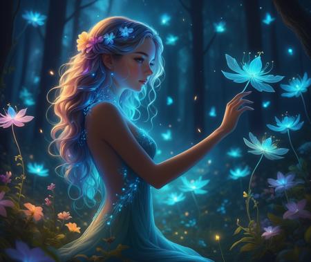 Style-PaintMagic, high quality, 8K Ultra HD, wide shot, (beautiful and sexy Bioluminescent girl with a slim figure:1.2), beautiful flowing Bioluminescent flowers forming a beautiful girl, Bioluminescent hair, full depth of field and realistic textures, hands in hair, arms up, neon, glowing, (fractal art:1.3), night, enchanted forest, flowers, firefly, (detailed background:1.3), wholesome, (rating_explicit), <lora:add-detail-xl:0.8>  <lora:picxReal_10:1>, detailed skin texture, (blush:0.2), (goosebumps:0.3), subsurface scattering, dry skin, fuzzy skin