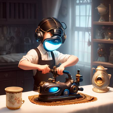 a cute boy ironing a shirt, disney artwork, cozy indoor lighting, artstation, highly detailed eyes, highly detailed hair, OVERMASKED, cinematic,character design by mark ryden and pixar and hayao miyazaki, unreal 5, daz, hyperrealistic, octane render, unreal engine, vray,