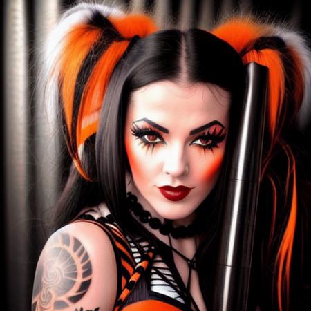 trixy_treats, ((((beautiful face)))), ((perfect face)), deliberate, masterpiece, best quality, highest quality, cinematic lighting, very beautiful, ultra realistic, tattoos, tattooed, beautiful, black dress with orange vertical stripes,