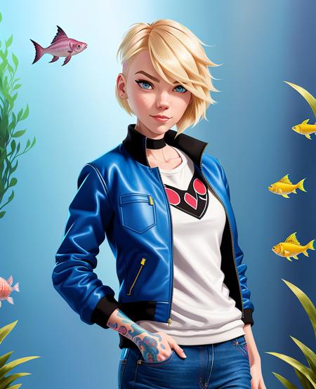 (Gwen Stacy:1.1), ultra-detailed, flat illustration, high contrast, solo a woman standing next to an aquarium, glass, jeans, jacket, eyebrow piercing, undercut, undercut hairstyle, fish, bubbles, depth of field, detailed background