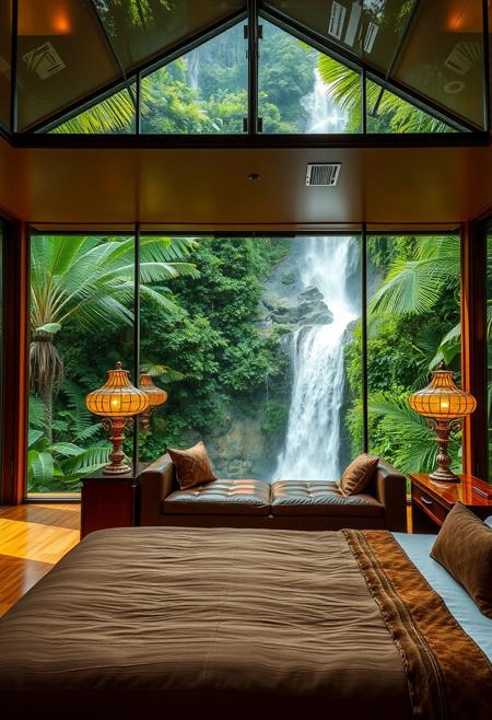 A stunning ultra modern bedroom scene situated on the edge of a waterfall in a lush green tropical forest, bedroom is furnished in lush brown leather tones, rich wood, ornate glass lamps with warm inviting lighting, large windows let in natural light and provide a stunning view of the waterfall outside