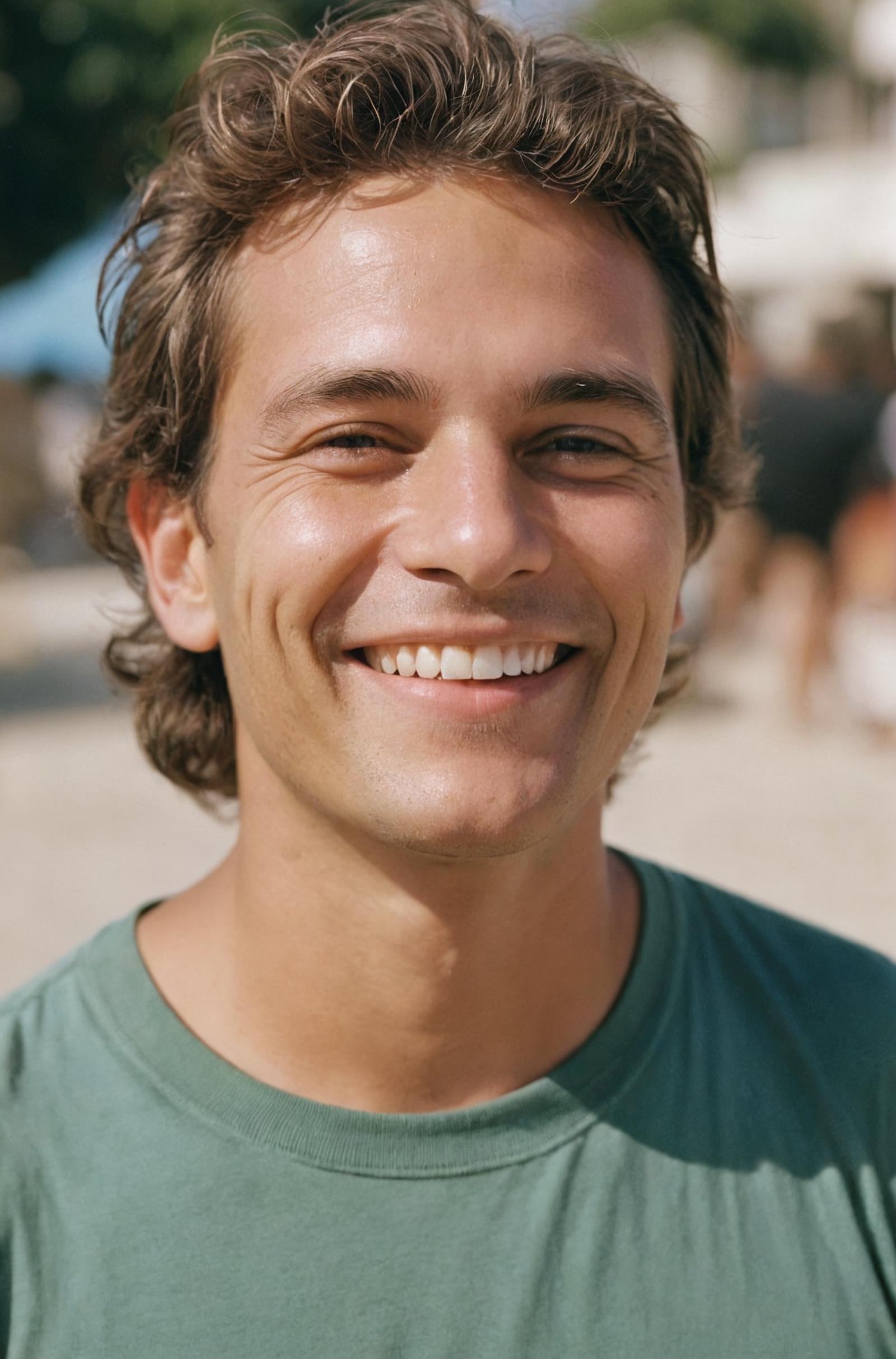 A man is smiling in a green shirt.