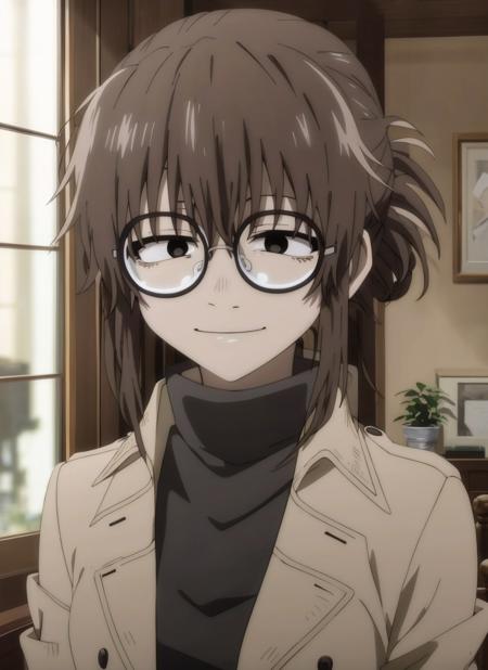 masterpiece, best quality, high quality, 1girl, solo, <lora:uguisuAnkoYofukashiNo_v10:0.8>, uguisu_anko, glasses, round eyewear, brown hair, folded ponytail, black eyes, turtleneck sweater, black sweater, trench coat, brown coat, open coat, portrait, indoors, anime screncap, smile