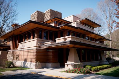 Raw photo of a frank lloyd wright style house, surrounded by a city park <lora:Frank_Lloyd_Wright_Style_Architecture:1.3>