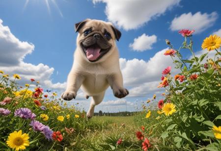 Highly detailed photograph of a pug puppy leaping through the air above a field of colorful flowers. Side view. Floppy ears, floppy tongue, big eyes, very cute, very happy, joyful. Blue sky with fluffy clouds. Bright sun, (god rays).