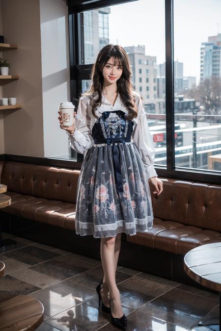 best quality, masterpiece, photorealistic, 1girl, solo, full body, standing, long black straight hair, blunt bangs, looking at viewer, smile, cyb dress, high heels, holding coffee, in cafe, indoors, shop, window, detailed background, <lora:beautiful_dress_collection_vol1_style1:0.7>