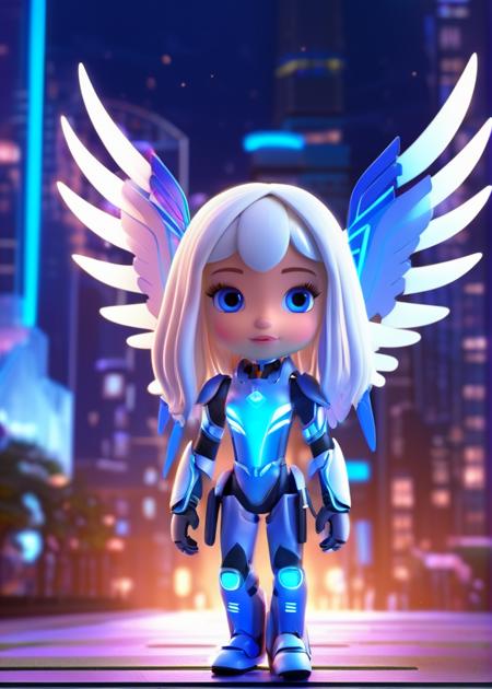 (best quality, masterpiece:1.6), 3d cartoon, cute cartoon,disney cartoon,(masterpiece, best quality),cyborg girl, white hair, long hair, bangs, headwear, cyber arm, neon armor, night city , beautiful eyes, blue eyes, light in eyes, cyber wings, wing, glowing