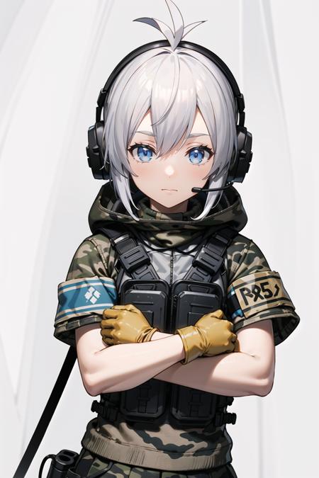 hasuki,gloves,antenna hair,grey hair,headset,armband,load bearing vest,headphones,boots,skirt,blue eyes,camouflage,knee pads,shorts,hood,uniform