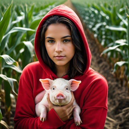 a photo of a adorable young latina, age 21, with medium dark hair, green eyes, olive skin, detailed eyes,  wearing a cute red hoodie, holding a cute pig, head shot, in a beautiful corn field background