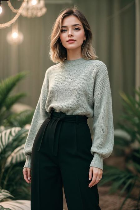 photo of (EPS3l4B4yM1l3s:0.99), closeup portrait, perfect hair, (modern photo, Celine black wool wide-leg pants), 24mm, (analog, cinematic, film grain:1.3), (([conference room, table,toothbrush and toothpaste,decorative cushions/pillows, breccia stone,tied rya knots tapestry, chandeliers, strip lights (led strips)| forest], gradient:1.1)), ((detailed eyes)), ((eyeliner, long lashes)), (epicPhoto), long eyelashes, (perfect waist), (painted lips)