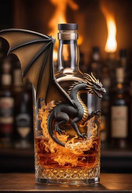 perfectly contained Inside a whisky bottle: A majestic Flying dragon. holding a shot glass, breathing flames, on a English bar, in front of a slightly blurred background of a wall of other liquor bottles