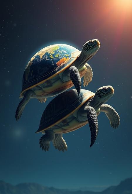 a turtle with the world on its shell riding on top of another turtle which is riding on the back of another turtle floating in space