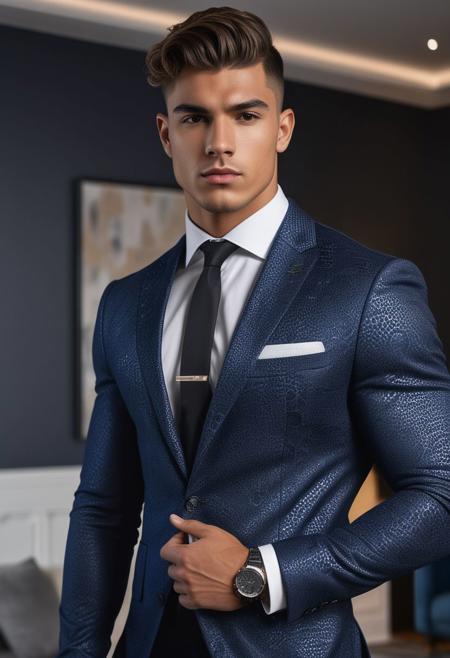 a strong 22-year-old spanish hunk bodybuilder male, with a fringe up undercut hairstyle, detailed face, mindless expression,  wearing a skin tight navy-blue suit with silver patterns, wearing pants,  on a modern living room, standing at attention pose, looking at viewer, portrait, photography, detailed skin, realistic, photo-realistic, 8k, highly detailed, full length frame, High detail RAW color art, diffused soft lighting, shallow depth of field, sharp focus, hyperrealism, cinematic lighting