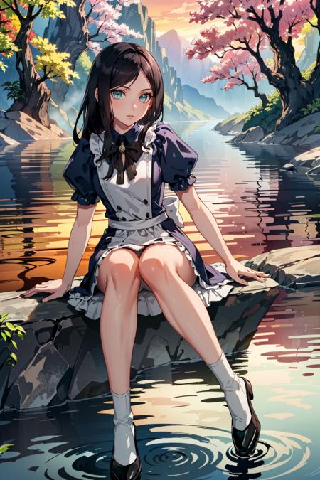 (masterpiece, highres, best quality:1.2)
 <lora:AliceMadness:0.8>
AliceMadness, 1girl, solo, long hair, black hair, dress, full body, sitting, riverside, sunset, warm and golden light reflecting off the water