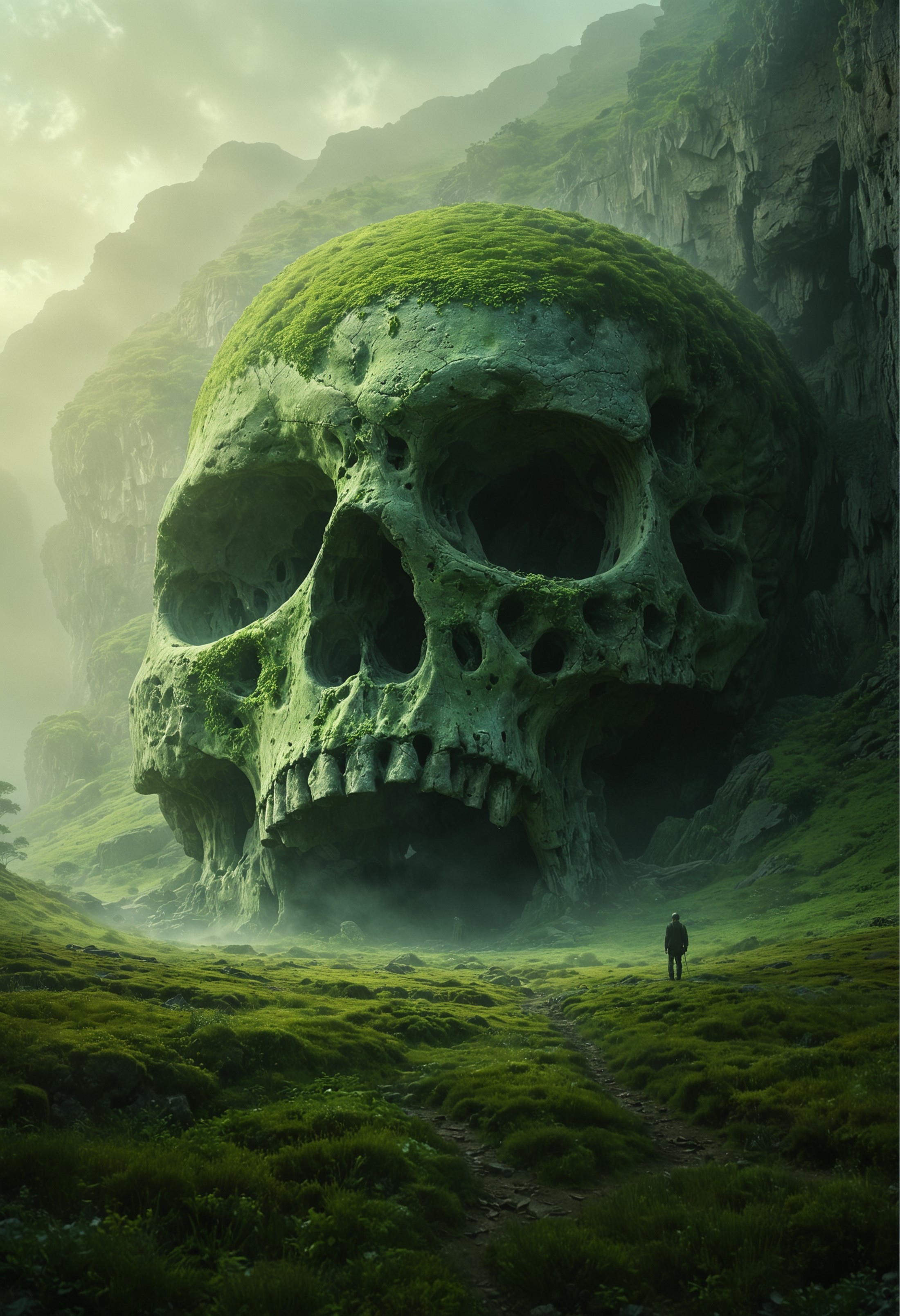 A colossal human skull overgrown with green moss, set in a misty, verdant valley surrounded by towering cliffs. A single human figure stands at the base of the path leading to the skull’s open mouth.