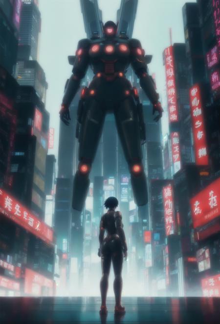 Shot Angles - eye-level shot, ghost in the shell in the style of 90's vintage anime, robotics, scifi, futuristic, surrealism, akira style. detailed line art. fine details. greg rutkowski makoto shinkai kyoto animation key art feminine mid shot