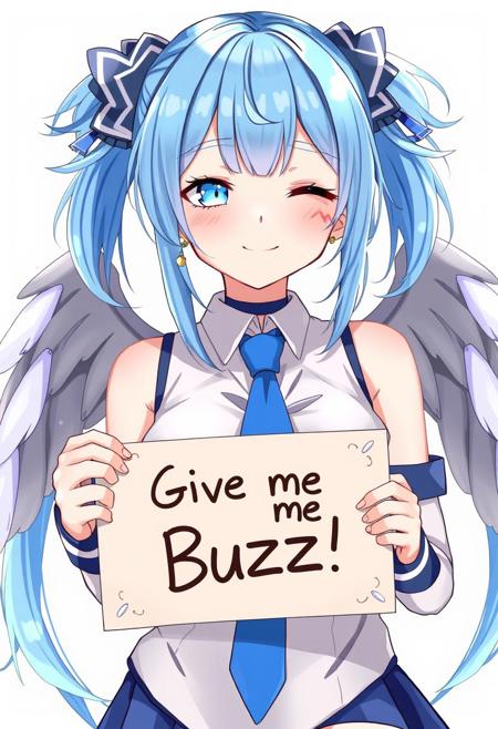 score_4,score_5,score_6,score_7_up,score_8_up,score_9 ((masterpiece,best quality,ultra detailed,highres,HD,4k:1.2)), 
1 girl,solo,face focus,
bbangel, blue hair, streaked hair, twintails, hair bow, earrings, facial mark, wings, breasts, choker, bare shoulders, blue necktie, collared shirt, white shirt, dress, sleeveless, arm strap, wrist cuffs, blue skirt, blue thighhighs
(("Give me Buzz.",Beggars Borad,Holding a sign, holding a sign that says, "Give me Buzz."))
wink,happy,blush, looking at viewer, smile,