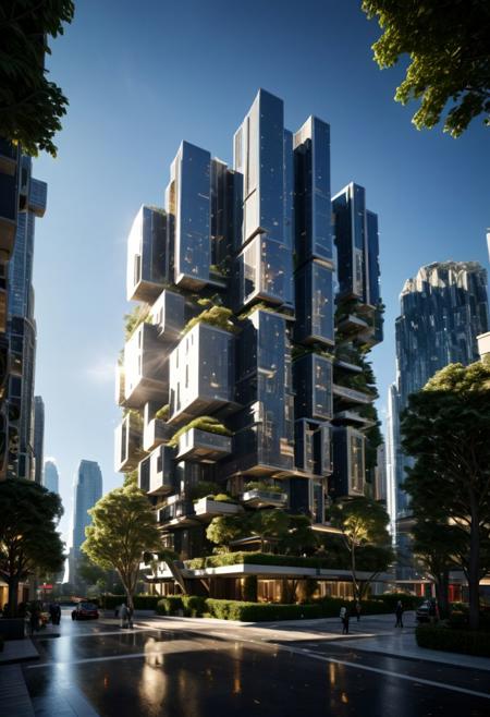 (((Modern style architecture, housing, luxury residence))),
outdoors, sky, tree, blue sky, no humans, ground vehicle, building, scenery, reflection, city, cityscape, bare tree, skyscraper, real world location,
(Large Files, Ultra Realistic, 8K, 16k, FHD, HD, VFX, Perfect, Photography, composition, Architecture Sales Photography, Architecture Competition, Ultra High Resolution, Cinematography, High Resolution Image:1.1), (dramatic lighting, direct sunlight, ray tracing, clear shadow:1.2), (real landscape:1.1), (blurred background:1.0), (urban background, more_details)  
(avant-garde, future, reality, science fiction, photorealistic), (modern architecture:1.2), White limestone with black granite, fountain, waterfall, landmark, square, path, narrow street,
(Large Files, Ultra Realistic, 8K, 16k, FHD, HD, VFX, Perfect, Photography, composition, Architecture Sales Photography, Architecture Competition, Ultra High Resolution, Cinematography, High Resolution Image:1.1), (dramatic lighting, direct sunlight, ray tracing, clear shadow:1.2),  (real landscape:1.1), (blurred background:1.0), (urban background, more_details) ,
great lighting, extremely detailed, clear, SteamPunk, futuresurban