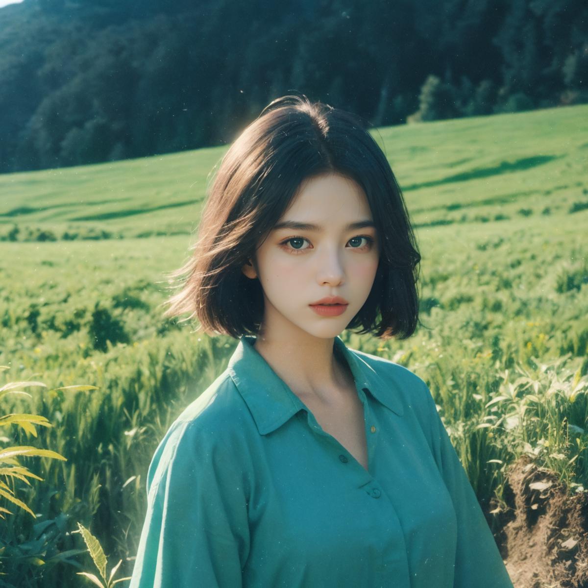 A young woman in a green shirt posing in a field of grass.