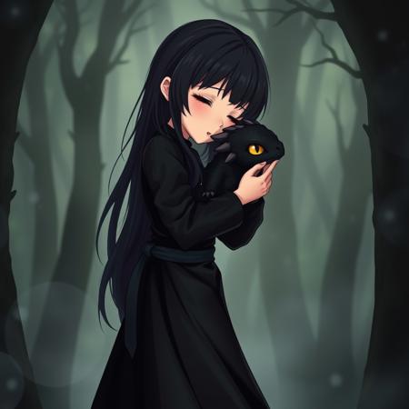 visual novel. The girl hugs and kisses the little black dragon. 1 girl, long hair, black hair, wearing a long, black, shiny dress. 1 dragon, small, black, golden eyes, cute. In the dark forest, the fog is all around. (high quality:1.3). (insane detail:1.3). (beautiful girl:1.4). (detailed eyes:1.25). (detailed lips:1.25). 4k. (full body:1.5)