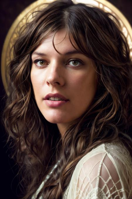 portrait photo of mjv,(hippie outfit), (brown  hair), alluring portrait, intricate, highly detailed, digital painting, artstation, concept art, naughty, sharp focus, cinematic lighting, illustration, art by artgerm and greg rutkowski, alphonse mucha, cgsociety, <lyco:MillaJovovich-RealVision-V1.0:1.0>