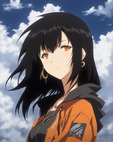 1girl, black hair, long hair, looking at viewer, from front, orange eyes, earrings, jewelry, outdoors, solo, bangs, upper body, hood, jacket, hood down, closed mouth, from side, piercing, hair between eyes, cloud, anime style