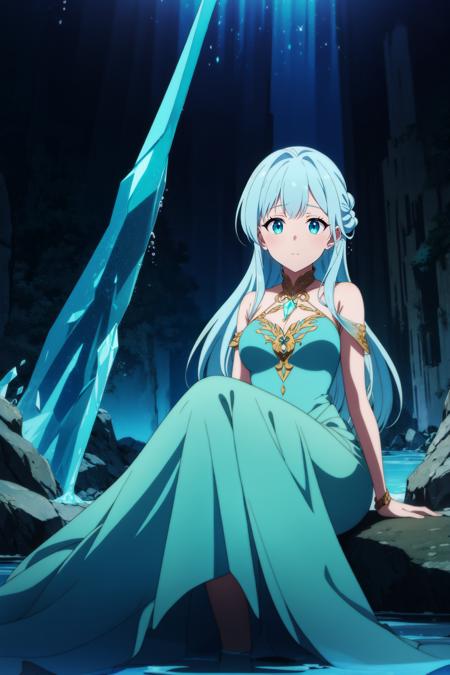 1girl,cave,crystal,crystal_cave,gem, frozen lake, underground,anime screencap, looking at viewer, dress,,stalactite,stalagmite,sitting,blue_hair,long_hair,upper body, breasts,water,vivid_colors,iridescent, emerald,ruby,sapphire
, anime_coloring,anime_keyvisual, colorful,vivid<lora:envybetterhandsLocon_beta2:1>