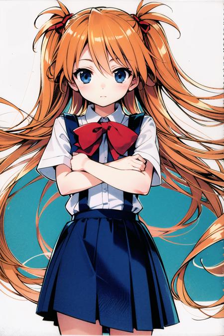 1girl, souryuu asuka langley, solo, long hair, school uniform, blue eyes, white background, ribbon, shirt, simple background, own hands together, orange hair, short sleeves, skirt, red ribbon, neck ribbon, white shirt, bangs, hair between eyes, looking at viewer, tokyo-3 middle school uniform, closed mouth, two side up, hair ornament, suspender skirt, suspenders, traditional media, cowboy shot, blue skirt, <lora:Hinata Takeda:0.8>