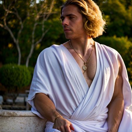 Matthis coleman, man, solo, (greek clothes:1.2), necklace, (looking at viewer:1.2), blonde hair, bokeh, detailed face, 8k, masterpiece, hd,  <lora:Matthis_Coleman:0.9>