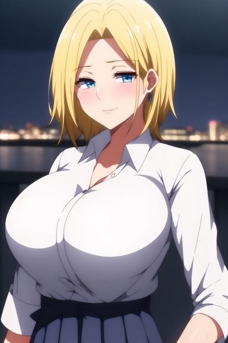 (Night:1.7), Japan, Tokyo, CityView, Before Window,
Standing at attention,
school_uniform,white shirt,collared shirt, Blue_pleated_skirt,
<lora:Reina_Hamazaki_Imaizumi-KK77-V1:0.7>,jewelry,collarbone,
blonde hair, blue eyes,short hair, 
1 girl, 20yo,Young female,Beautiful Finger,Beautiful long legs,Beautiful body,Beautiful Nose,Beautiful character design, perfect eyes, perfect face,expressive eyes,
looking at viewer, in the center of the image,(Upper_body),(close-Up),(Focus on her face),evil smile, 
official art,extremely detailed CG unity 8k wallpaper, perfect lighting,Colorful, Bright_Front_face_Lighting,
(masterpiece:1.0),(best_quality:1.0), ultra high res,4K,ultra-detailed,
photography, 8K, HDR, highres, absurdres:1.2, Kodak portra 400, film grain, blurry background, bokeh:1.2, lens flare, (vibrant_color:1.2)
(Beautiful,large_Breasts:1.4), (beautiful_face:1.5),(narrow_waist),