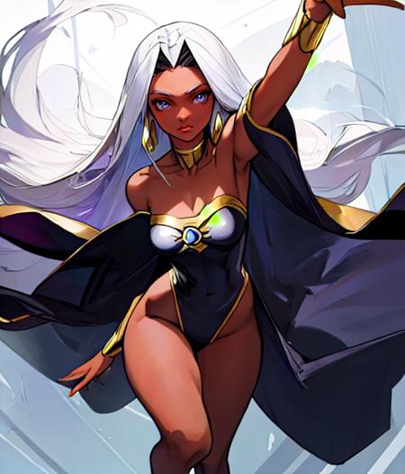 beautiful, (masterpiece:1.2), (best quality:1.2), 1girl, Ororo, long hair, strapless, exposed shoulders, cape, dark skin, foreshortening, depth, <lora:storm-10:0.8>,