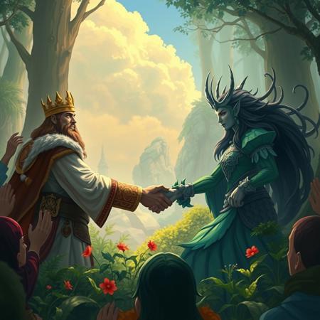 epic fantasy scene, the king of the humans is meeting with the queen of the forest, they are shaking hands, their people are cheering,
