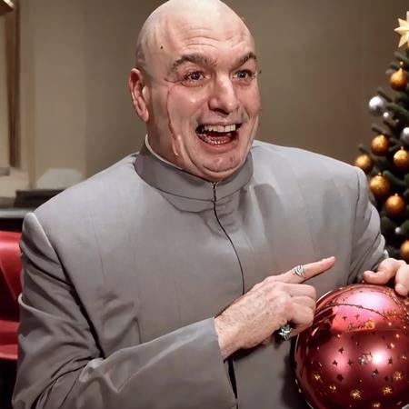 (( a man holding a red present laughing, christmas tree in background:1.2))<lora:DrEvilLoRA:1> drevil bald with scar on his right cheek, grey coat, meme, high detail skin, high detail eyes, high detail hair, highres, ultra detailed, detailed pores, imperfect skin, detailed reflective shiny skin, diffused skin pores,sharpen picture, Highly detailed, masterpiece, best quality, photorealistic,