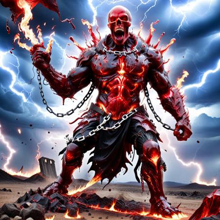 a bloodforged golem towering over scorched earth, armor plated with screaming skulls, veins glowing red beneath cracked obsidian, dragging a chain made of fused spines, surrounded by lightning-charged dust, flaming rubble, and crushed banners, blood