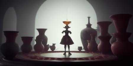 <lora:15MovingMeditations:1>meditation scene: a woman standing on top of a table surrounded by vases