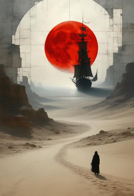 A haunting and surreal depiction of a giant ship shadow falling across a dusty white desert, illuminated by a vibrant red moon, rendered in a fractured, stained-glass Cubist style. The scene shatters into geometric shards, revealing fragmented perspectives of the colossal ship's silhouette, the rippling sands of the desert, and the stark contrast between the crimson moon and the pale landscape, all bathed in an ethereal glow. The palette utilizes deep crimson red for the moon, sandy beige and white for the desert, stark black outlining the ship's shadow, and subtle hints of electric blue to enhance the sense of otherworldly mystery. Photorealistic details of the ship's intricate design, the texture of the desert sand, and the weathered features of a lone Bedouin figure observing the scene harmonize with the fragmented composition, creating a powerfully symbolic portrait of isolation, wonder, and the passage of time. Ultra detailed, 8k resolution, volumetric lighting, octane render, emphasizing the interplay of light and shadow and evoking a feeling of profound solitude and timeless beauty.