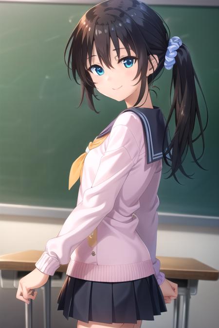 Onami Kohaku very long hair,black hair,side ponytail,hair intakes,hair scrunchie,blue scrunchie,hair ornament,hair between eyes,blue eyes sailor collar,serafuku,white shirt,neckerchief,long sleeves,blue skirt,plaid skirt,pleated skirt,black socks,loafers