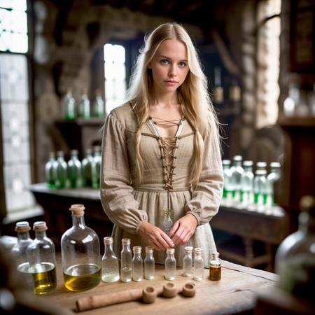 lab assistant:1.3, <lora:RPGLabs:0.8> solo, 1girl, solo, long hair, blonde hair, long sleeves, dress, indoors, blurry, window, profile, depth of field, table, ring , bottle, medium breasts, plant, quill,  (realistic:1.3), (medieval laboratory:1.1), (professional lighting:1.2)