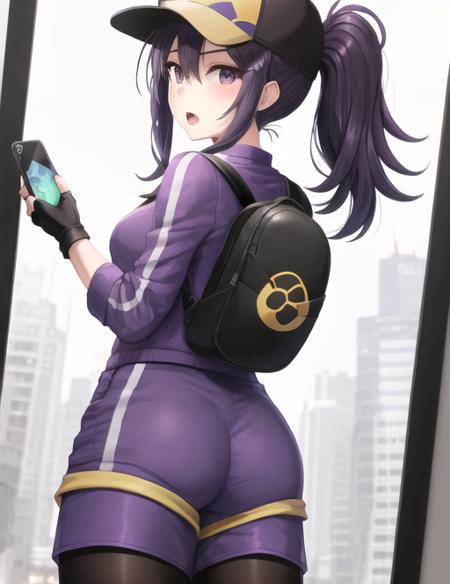 <lora:Pkmngofemale-08:0.7> Pkmngofemale, 1girl, solo, long hair, looking at viewer, open mouth, black hair, gloves, hat, holding, purple eyes, jacket, ponytail, purple hair, ass, pantyhose, cowboy shot, shorts, choker, black gloves, looking back, fingerless gloves, bag, from behind, cosplay, alternate hairstyle, phone, backpack, cellphone, baseball cap, smartphone, cropped jacket, poke ball, poke ball (basic), holding poke ball, leggings, black leggings