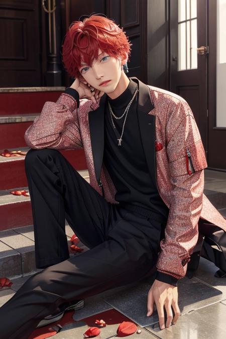 <lora:HiiroAmagi-01:0.7>,hiiro, solo, looking at viewer, short hair, blue eyes, shirt, long sleeves, 1boy, jewelry, jacket, flower, male focus, red hair, earrings, pants, indoors, petals, sparkle, rose, chain, black pants, red flower, red rose, stairs, checkered floor, falling petals, rose petals