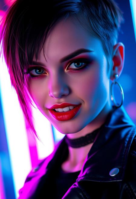a portrait photo of an ethereal beauty, a cyberpunk girl bathing in neon light, her eyes are black as obsidian and a cruel smile plays on her lips, slightly exposing her pointy fangs,  as she is searching for her victim, her hairs are very short on one side, but kong on the other, she wears black leather clothing