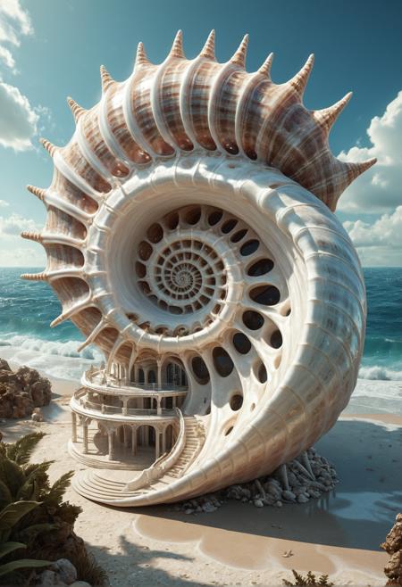 A surreal architectural structure built from a giant seashell, resembling a massive conch, intricate spiral design, smooth nacre textures, blending natural oceanic elements with futuristic architecture, situated on a coastal landscape, realistic lighting, high detail, fantasy concept art.