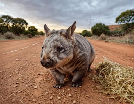 (raw photo) wide angle, a wombat on the road, latifrons, facing left, bright day