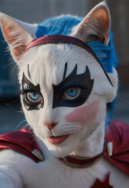A cinematic movie still of a (female cat:1.3) (blue eyes:0.8) with (long eyelashes:1.2) and slight human female features, anthropomorphic female cat, whiskers, slit pupil, and a seductive smile wearing a superhero outfit, sexy cat-girl
