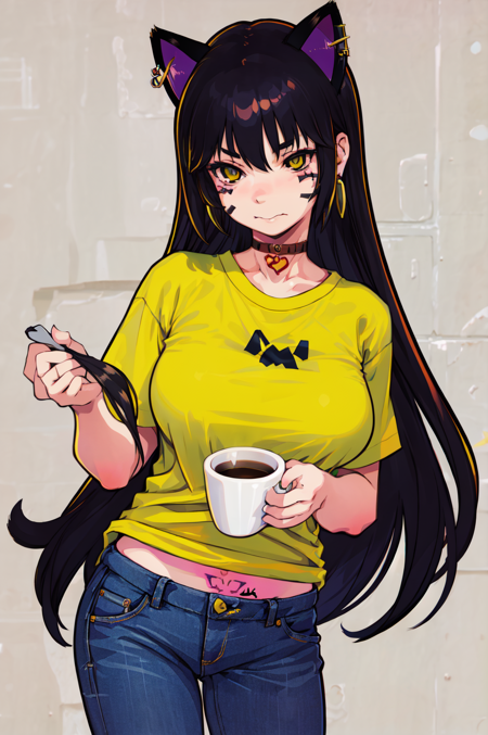 1 girl, solo, large breasts, HoldingACupofCoffee,tshirt, jeans,  Simple-Miqote