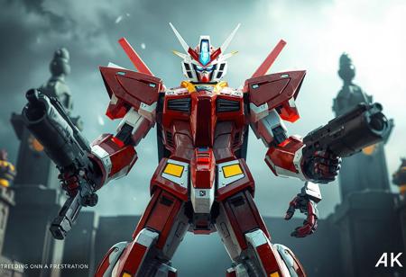 The image depicts a detailed Dark King of the Abyss robot, standing with a readiness posture, against an Altar of Restoration background. The robot, primarily red and white, features blue and yellow accents, giving a lively touch. The body is strikingly red with white and blue accents highlighting the features, while the head is a blend of red and white with a blue visor. Holding large and small guns, the robot's dynamic pose exudes a powerful message, ready for action. The image captures a compelling story, with exceptional 4K quality, vivid emotions, and beautiful detailed eyes. Trending on Artstation and 8k, the artwork is a front and backlit masterpiece.