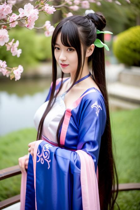 ltra-detailed,highly detailed,best quality,masterpiece,illustration,realistic,photorealistic,
liumengli, 1girl, solo, cosplay, 
hanfu, chinese clothes, wide sleeves, long sleeves, sash, hair ornament, 
long hair, black hair, hair bun, blunt bangs, sidelocks, 
looking at viewer, upper body, facial mark, light smile, 
outdoors, grass, flower, day, cherry blossoms, tree, sunlight, photo background, rock, 
 <lora:liumengli_v1_06:0.7>